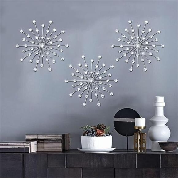 3Set Silver Metal Jeweled Wall Art Bling Crystal Home Décor Sun Burst Rhinestone - Picture 7 of 7